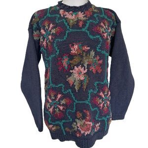 Vintage Floral Chunky Knit Sweater Blue Multi Crystal Kobe Size M Cotton Ramie